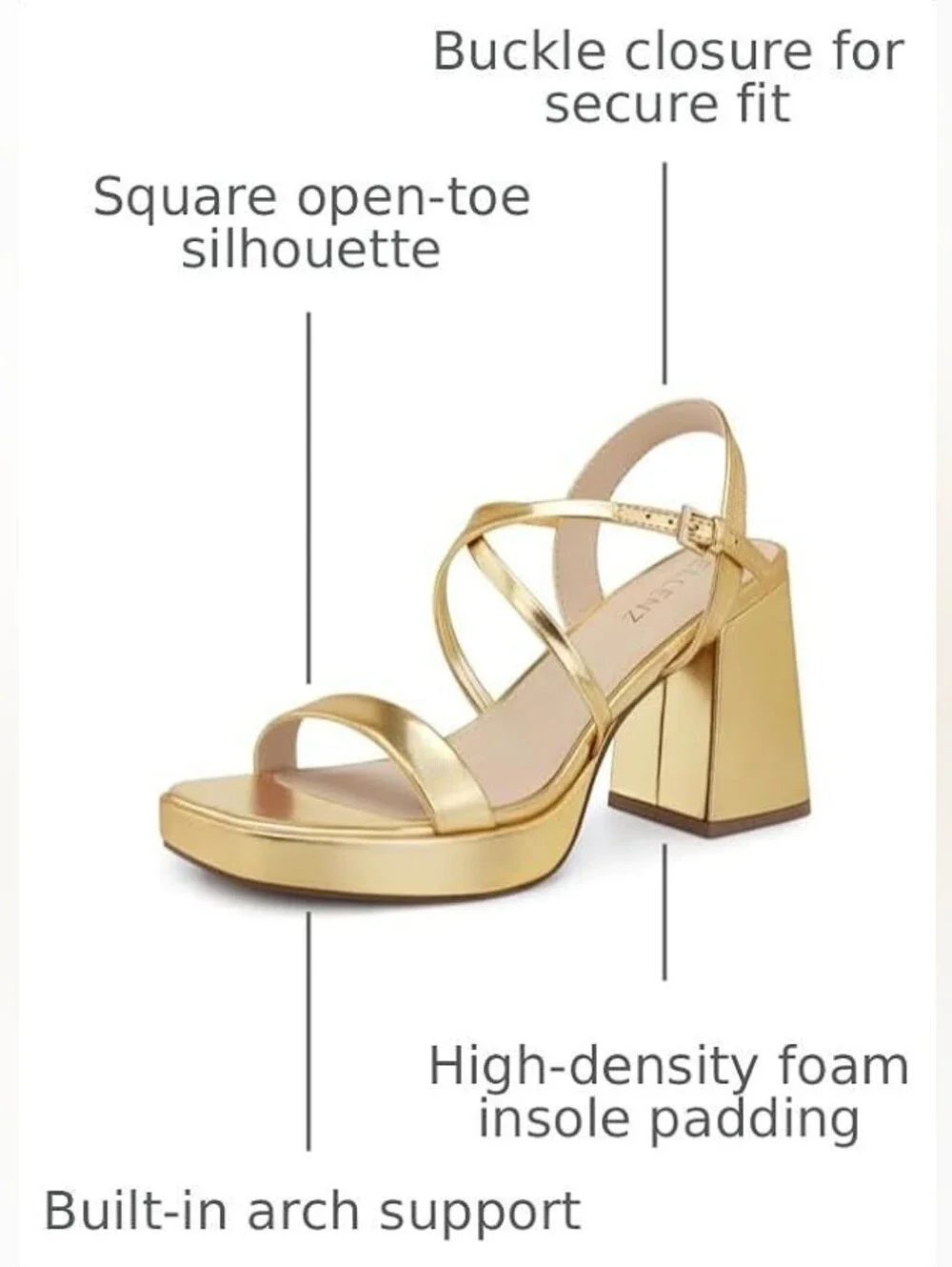 Women's Gold Chunky Metallic Platform Strappy Block Heel Square Toe Sandal, 8